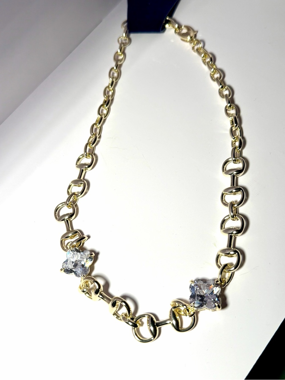 14k Gold Plated Chain Necklace with Clear Crystal Flower Accents